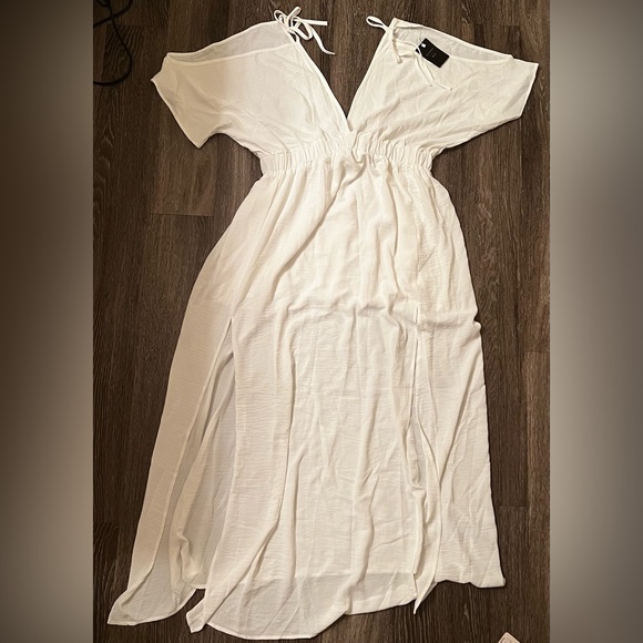 Deep Self White V Neck Maxi Dress Two Slits - Picture 3 of 5